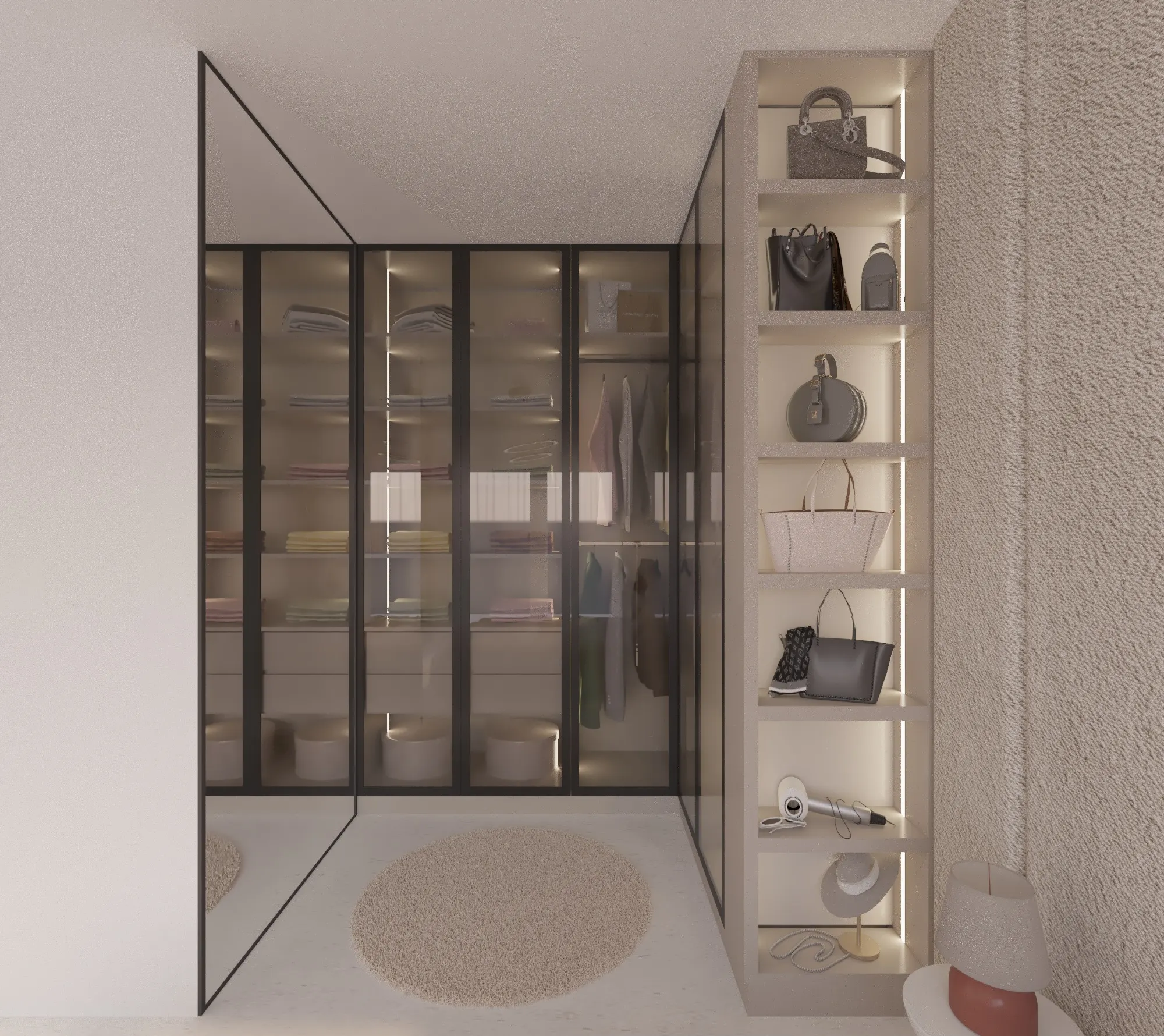 Walk-in dressing room with black framed glass wardrobe doors and a tall run of lit open shelves holding handbags