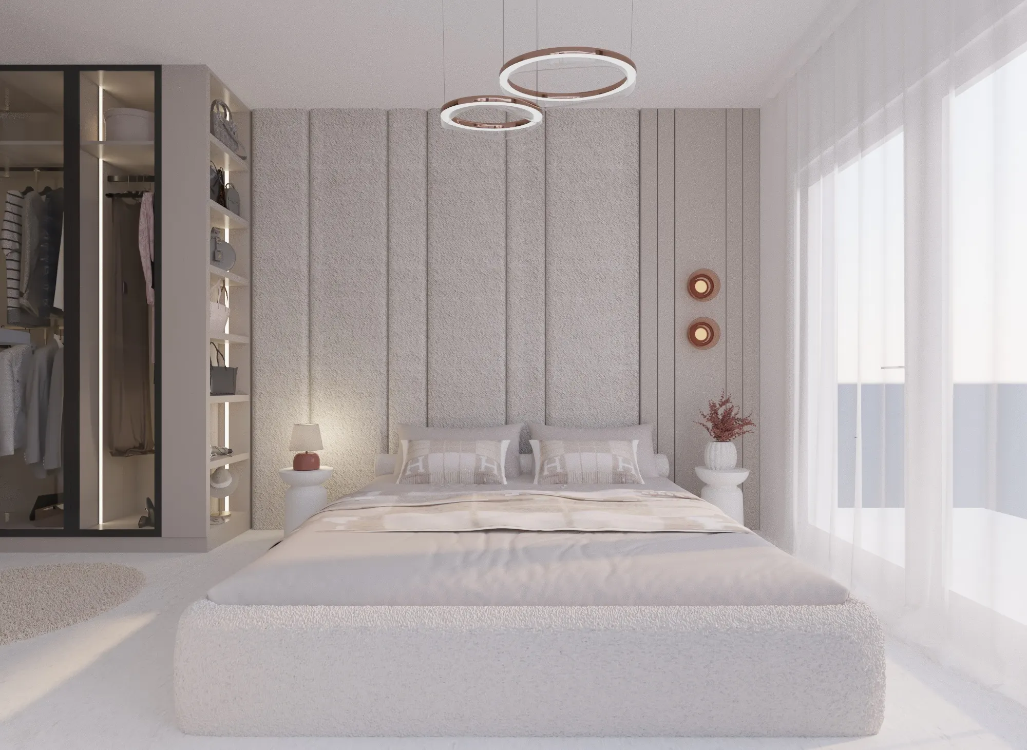 Master bedroom with a bouclé platform bed, a fluted ivory upholstered wall behind it and two rose gold ring pendant lights
