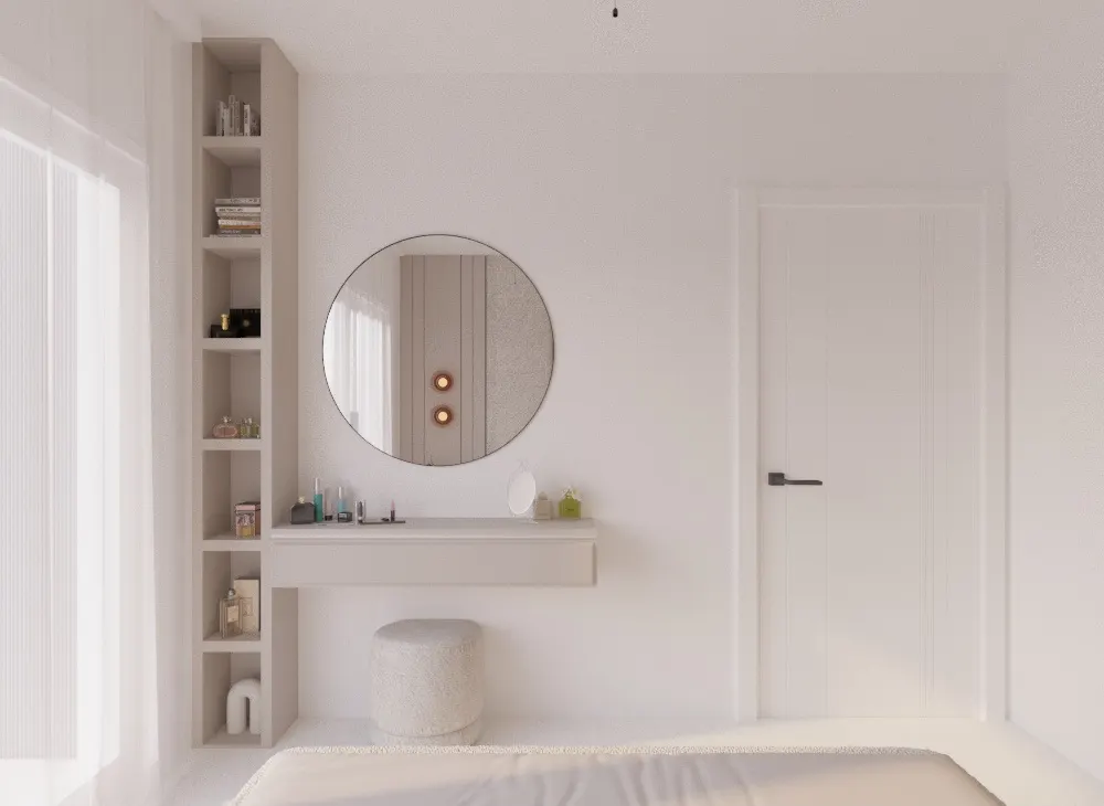 Vanity corner in the master bedroom with a round black framed mirror, a floating shelf and a tall column of open storage