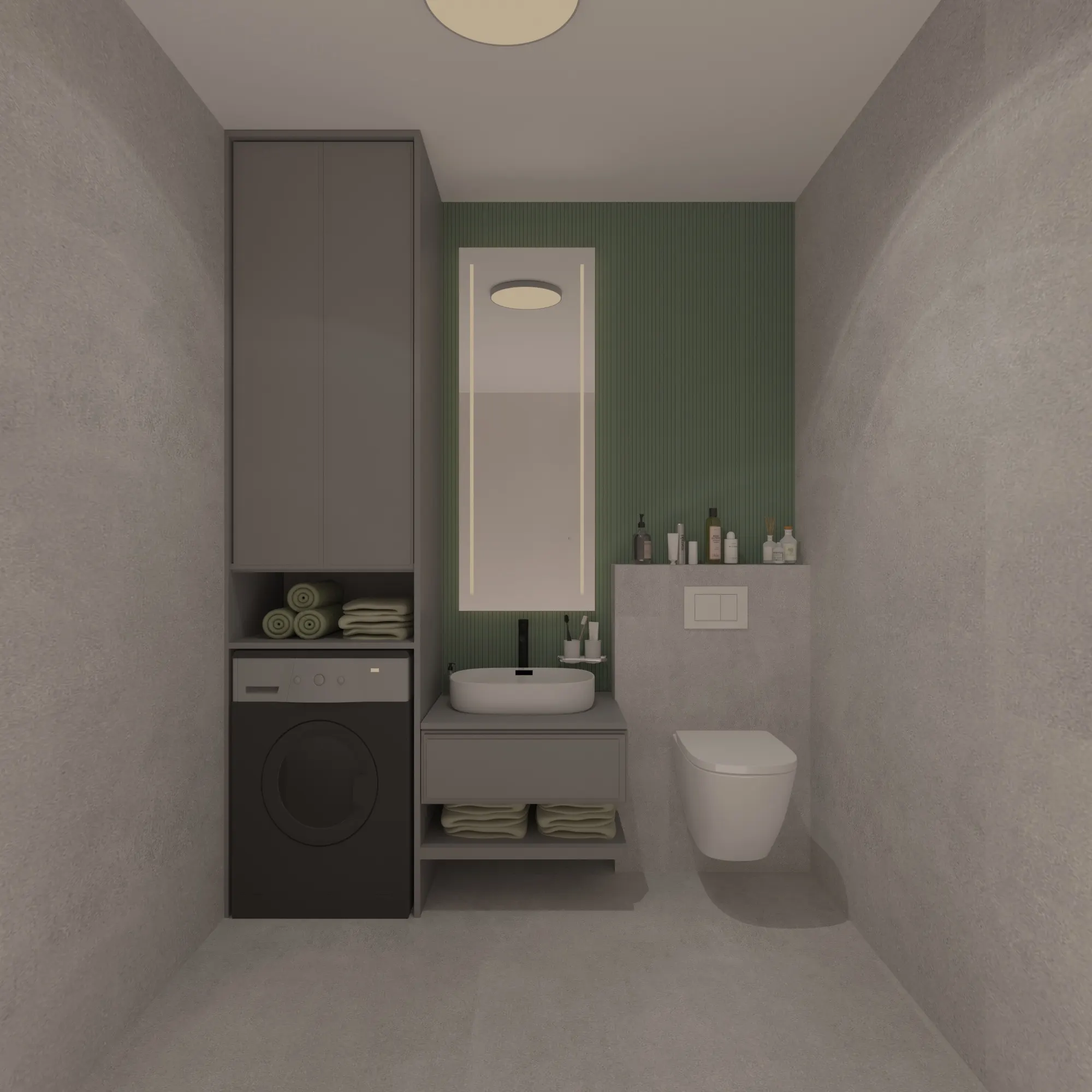 Second bathroom in grey microcement with a fluted sage green wall, tall storage, a built-in washing machine and a lit mirror