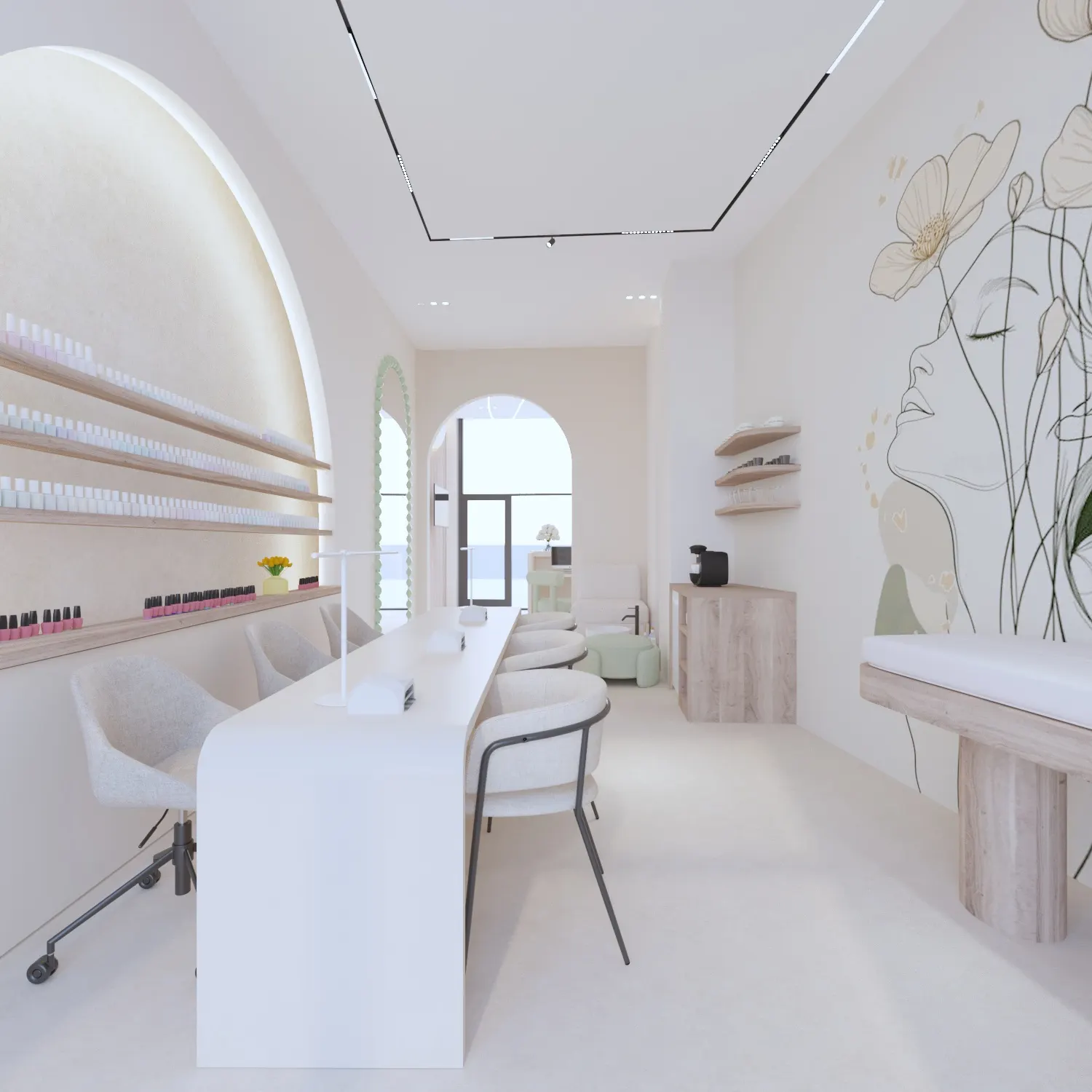 Long manicure bar running the depth of the salon next to a lit arched polish shelf, with a line drawing on the wall opposite