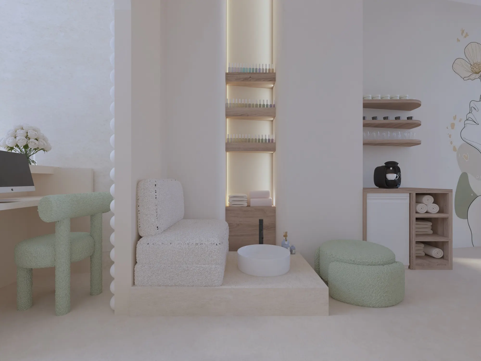 Pedicure station on a travertine platform with a bouclé seat, a lit product shelf and a sage green footstool