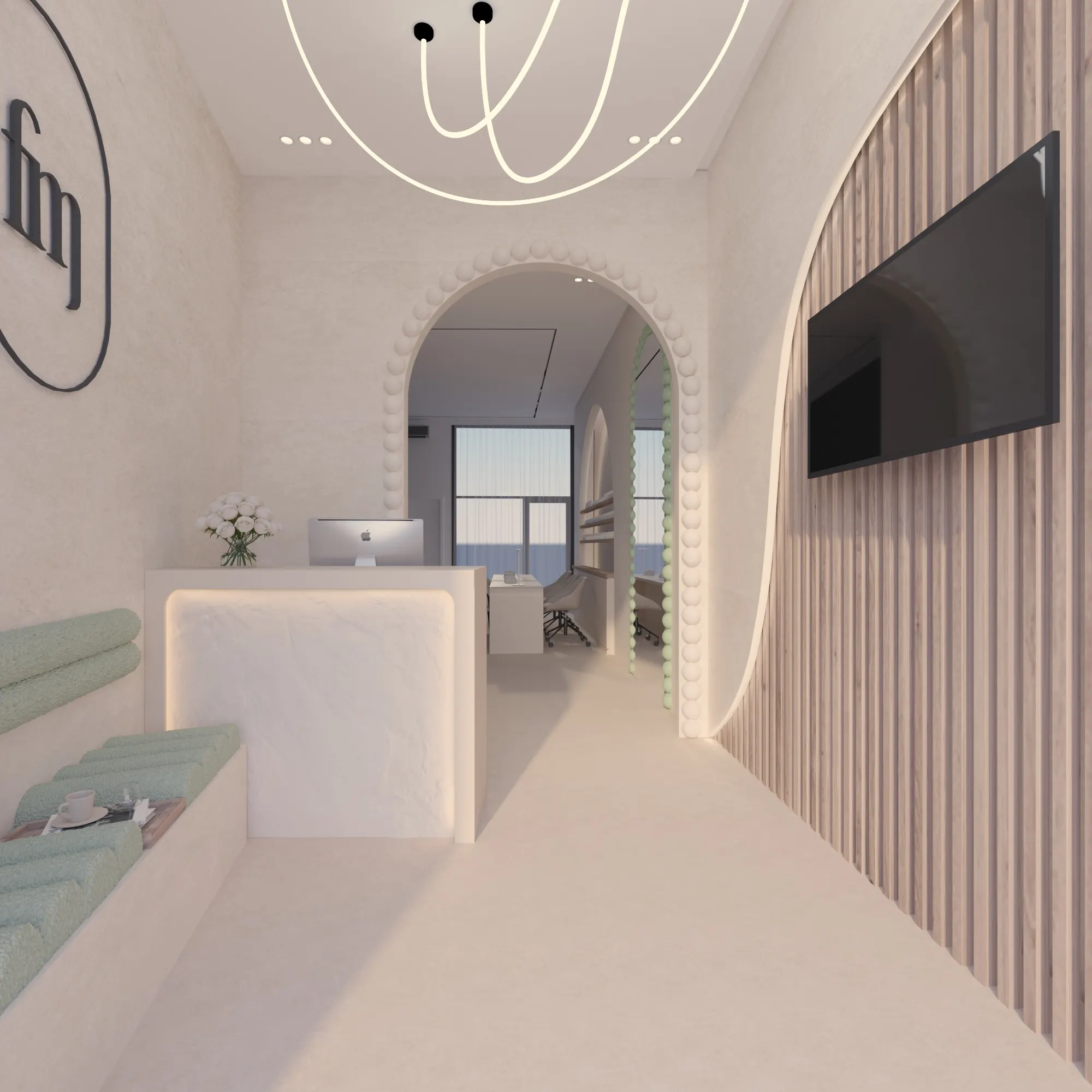Reception of a nail and lash salon in warm microcement, with a lit plaster desk, a scalloped arch, a curved oak slat wall and a looping neon ceiling light