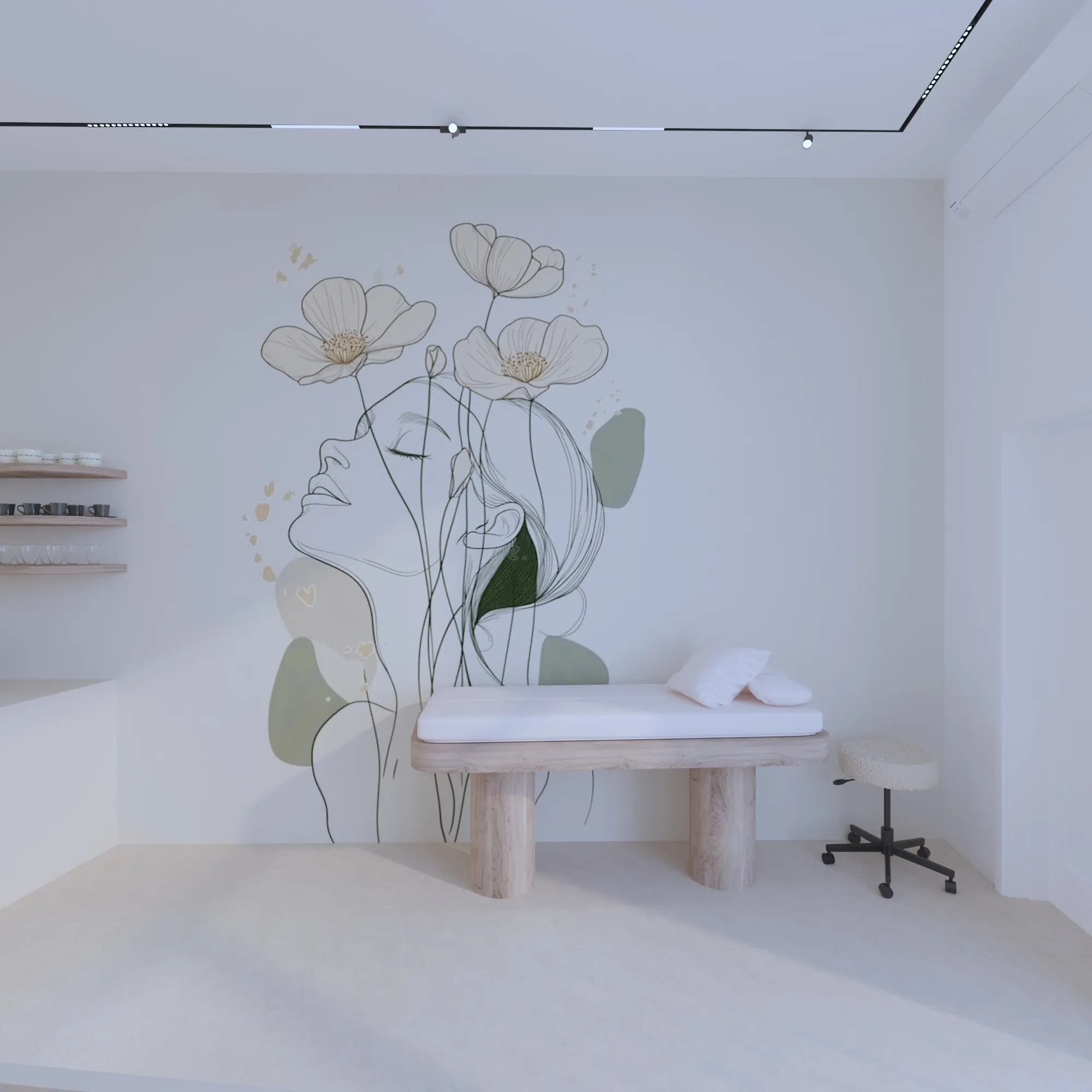 Lash treatment room with a line drawing of a face and flowers on the wall, a treatment bed on travertine legs and track lighting