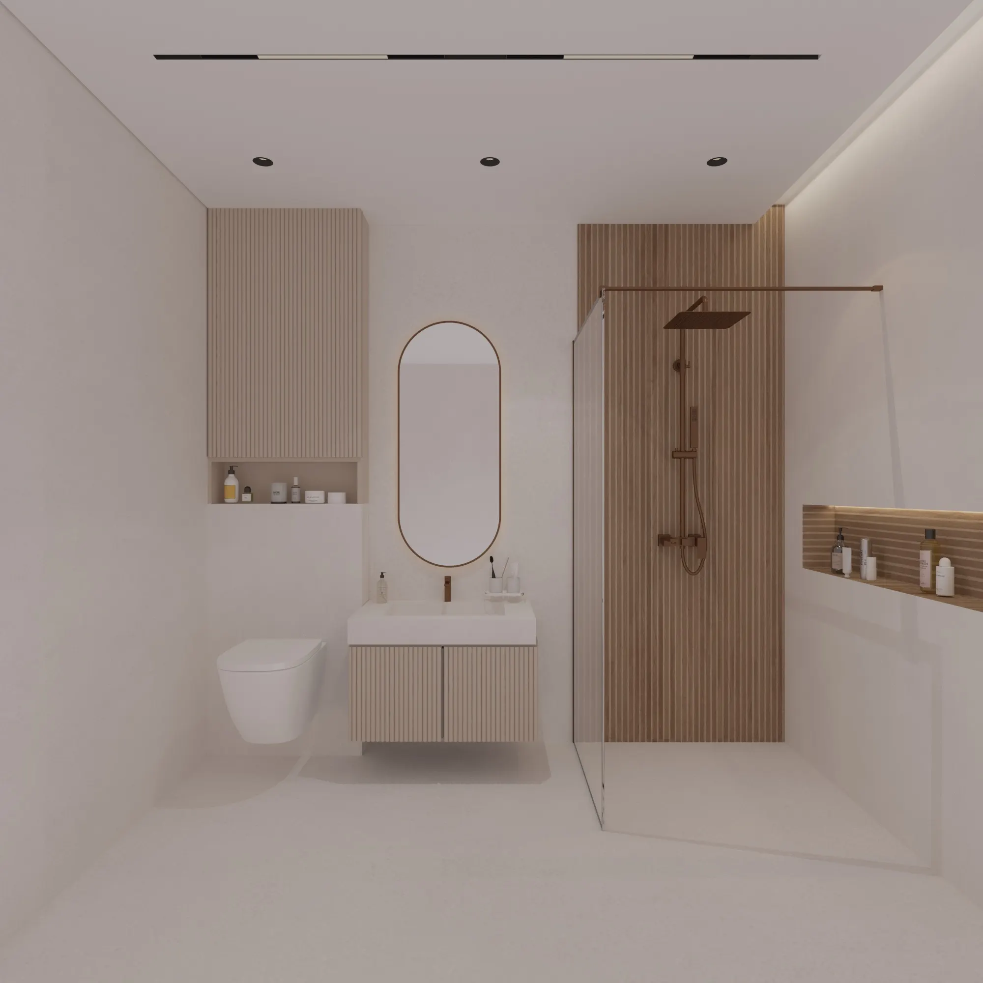 Fluted oak vanity and copper fixtures from a private apartment bathroom, modelled and rendered in V-Ray