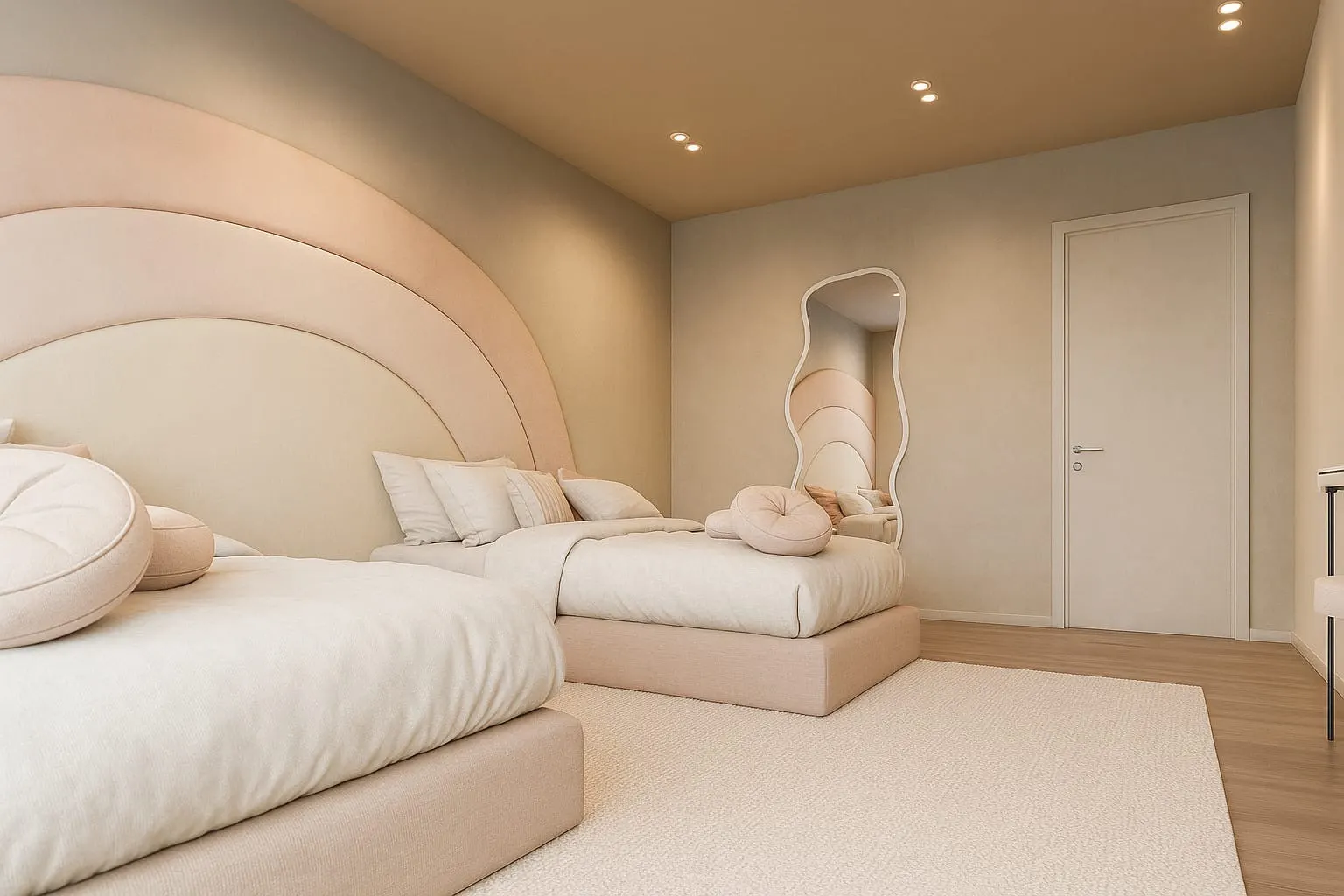 Children's bedroom with a layered arched upholstered headboard in soft pink, a low platform bed and a sculptural mirror