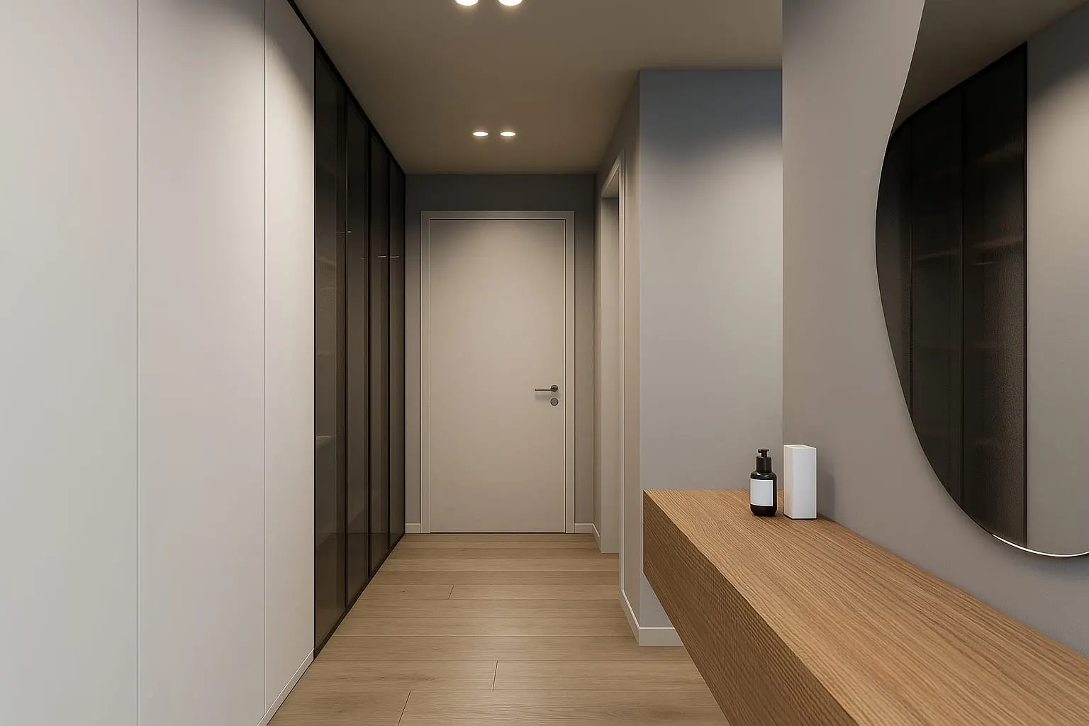 Entrance hall with full-height tinted glass storage, a floating oak shelf and a large oval mirror