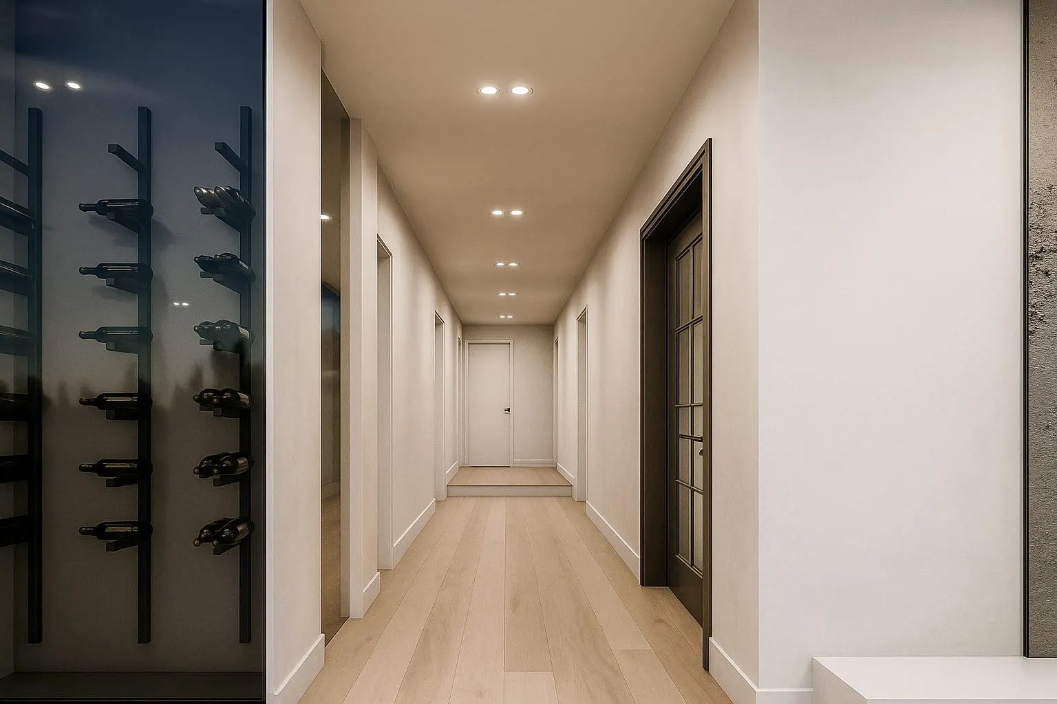 Long apartment hallway in warm white with oak flooring, dark framed glass doors and the wine wall in the foreground