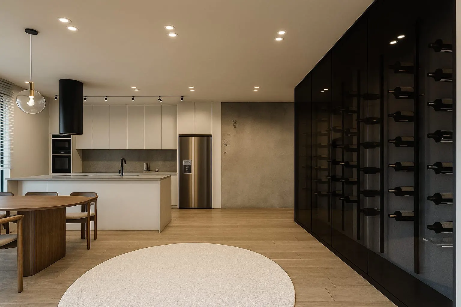 Open kitchen and dining area with pale handleless cabinets, a black cylinder extractor, an oak dining table and a full-height dark glass wine wall on the right