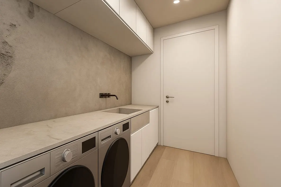 Laundry room with a microcement wall, one stone worktop running over two washing machines and a built-in sink