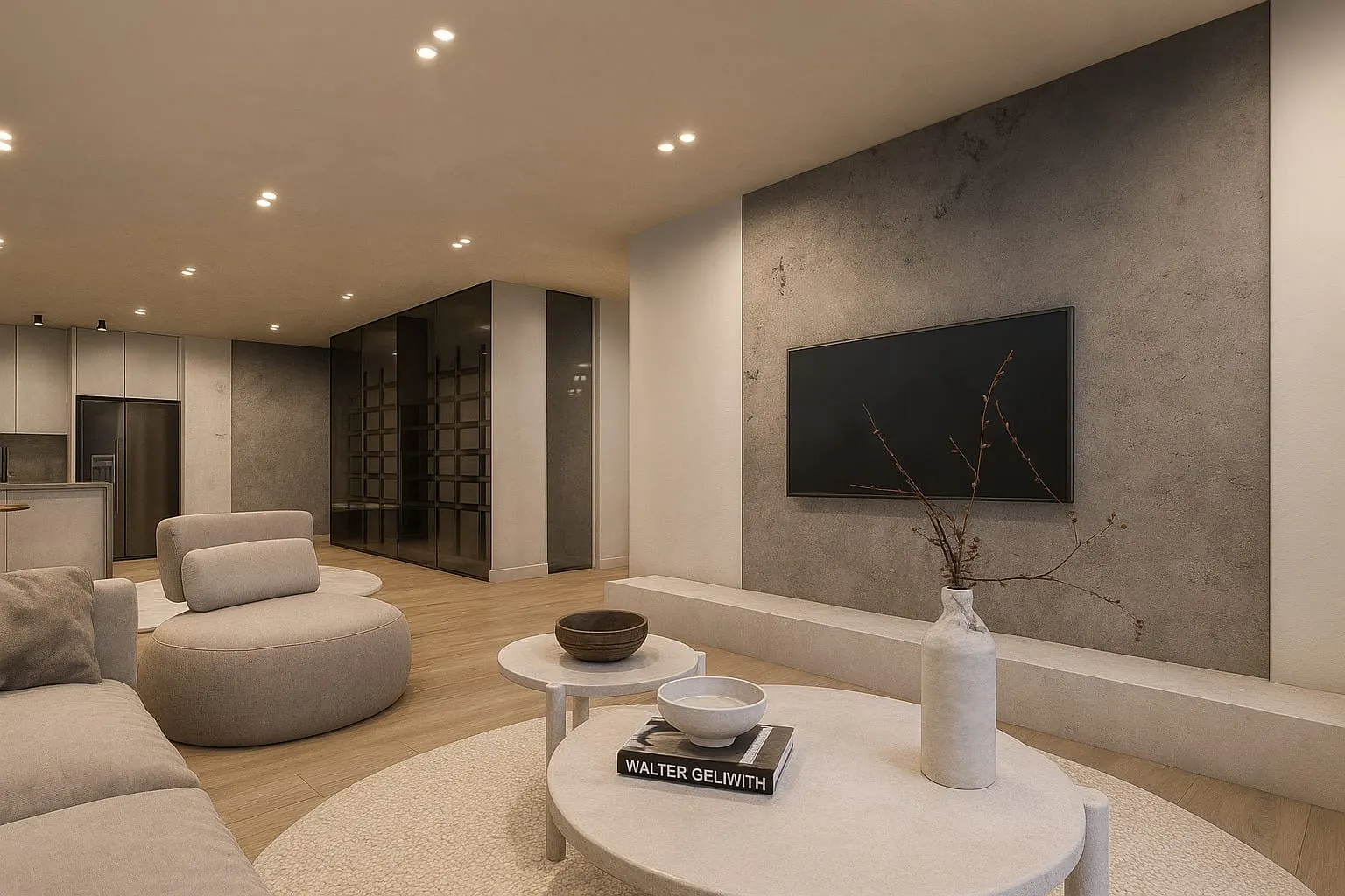 Living area of a warm minimalist apartment with curved bouclé seating, a microcement TV wall, oak flooring and a dark glass wine wall behind