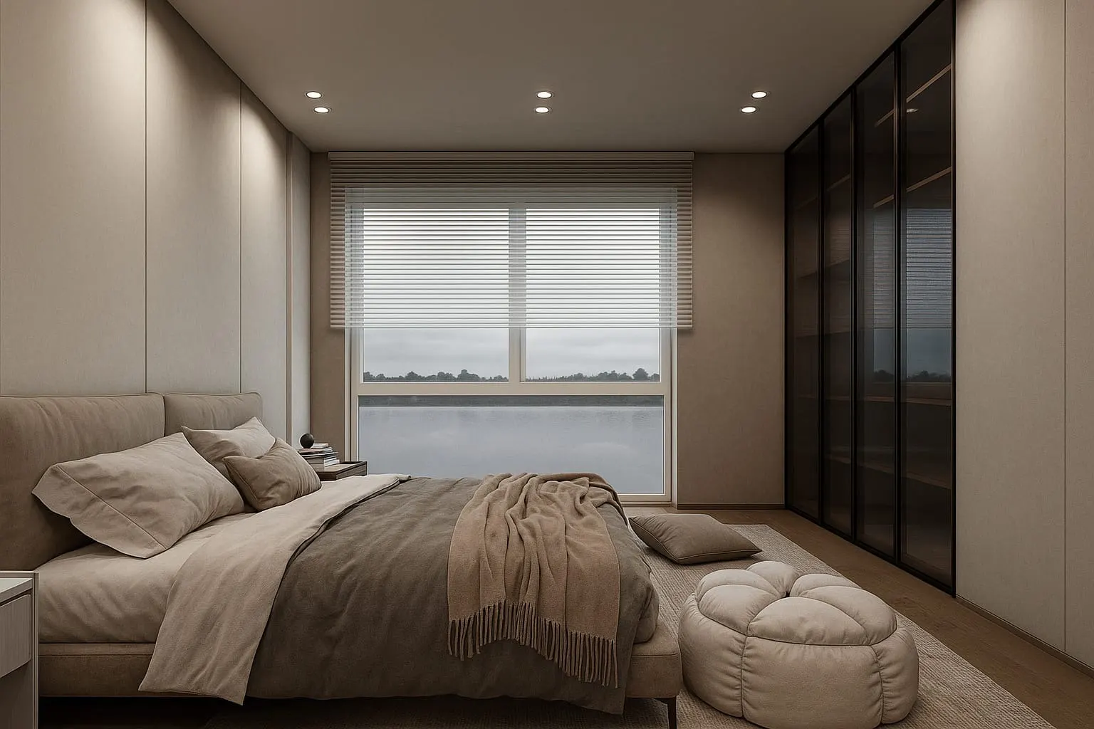 Master bedroom in greige and taupe with a full-height bronze tinted glass wardrobe wall and a bouclé floor cushion