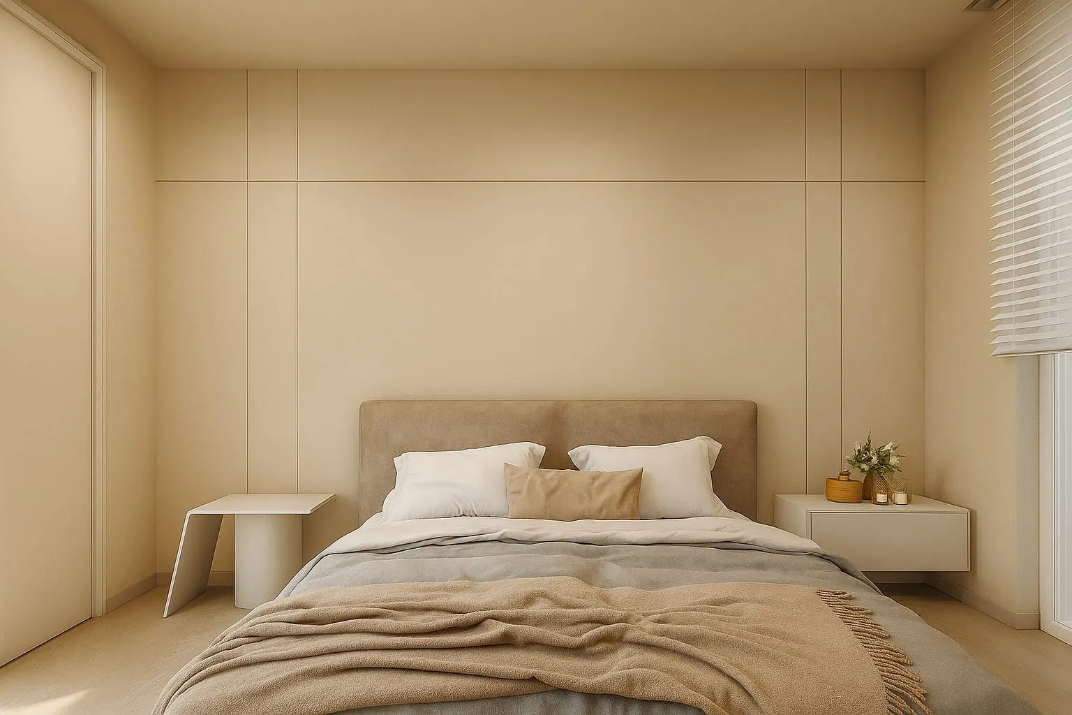 Third bedroom with a full-height upholstered wall behind the bed in warm beige, floating bedside tables and evening light